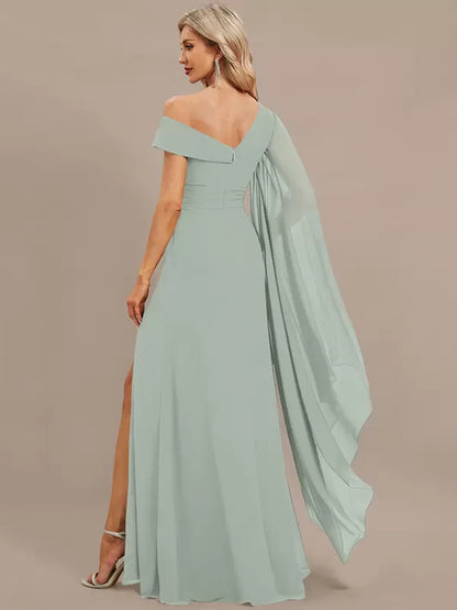 A-Line One-Shoulder Floor-Length Short Sleeves Pleated Chiffon Formal Evening Dresses