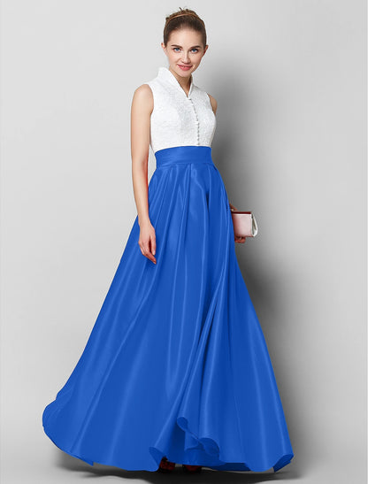 A-Line Formal Evening Black Tie Gala Floor Length Sleeveless High Neck Satin with Pleats