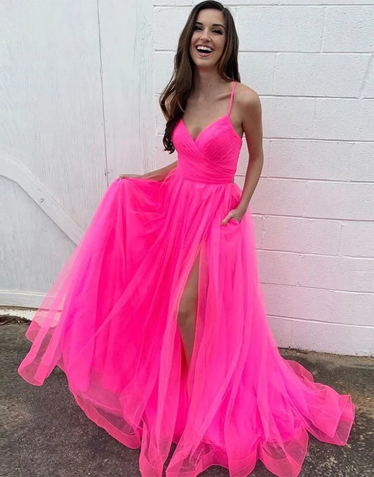 A-Line Long Lace Up Back Senior Pink Prom Dress with Split
