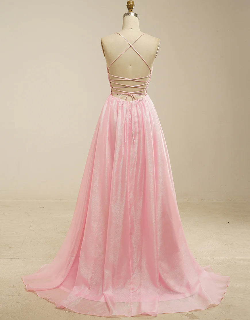 A-Line Tulle V-Neck Long Prom Dress with Lace-Up Back