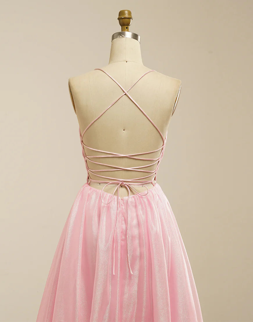 A-Line Tulle V-Neck Long Prom Dress with Lace-Up Back