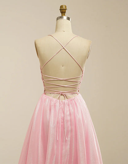 A-Line Tulle V-Neck Long Prom Dress with Lace-Up Back