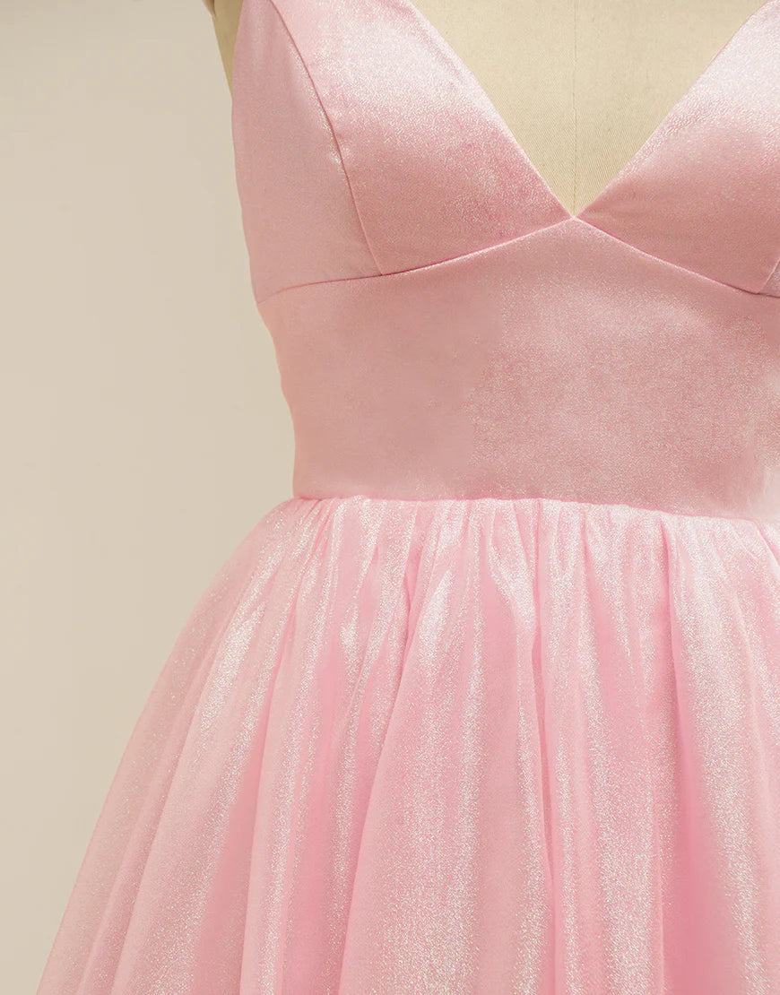 A-Line Tulle V-Neck Long Prom Dress with Lace-Up Back