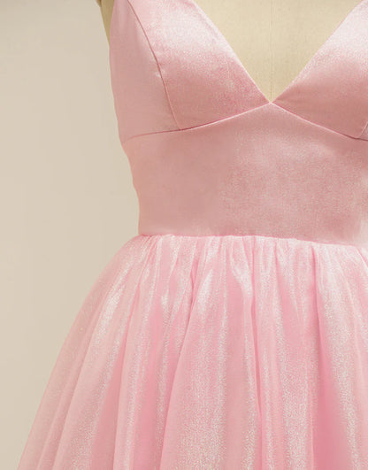 A-Line Tulle V-Neck Long Prom Dress with Lace-Up Back
