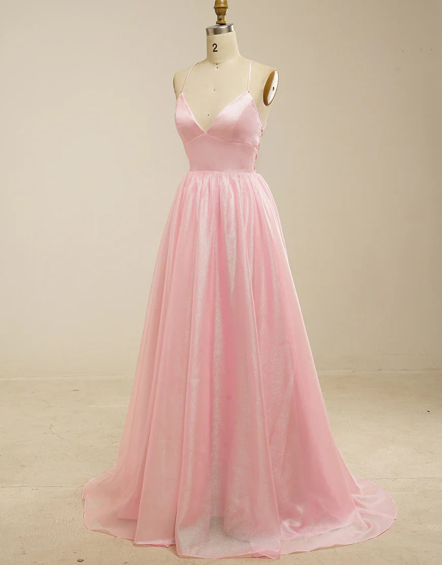 A-Line Tulle V-Neck Long Prom Dress with Lace-Up Back