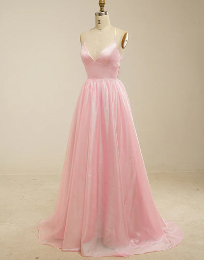 A-Line Tulle V-Neck Long Prom Dress with Lace-Up Back