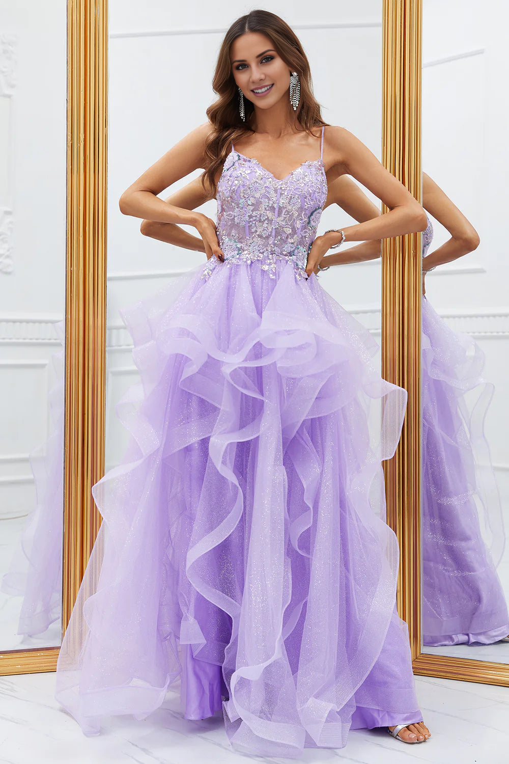 Glitter Purple Ruffled Corset Long Prom Dress with Lace