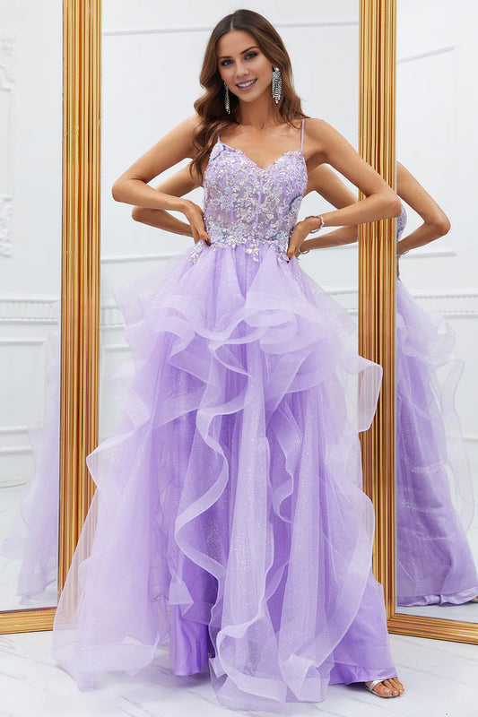 Glitter Purple Ruffled Corset Long Prom Dress with Lace