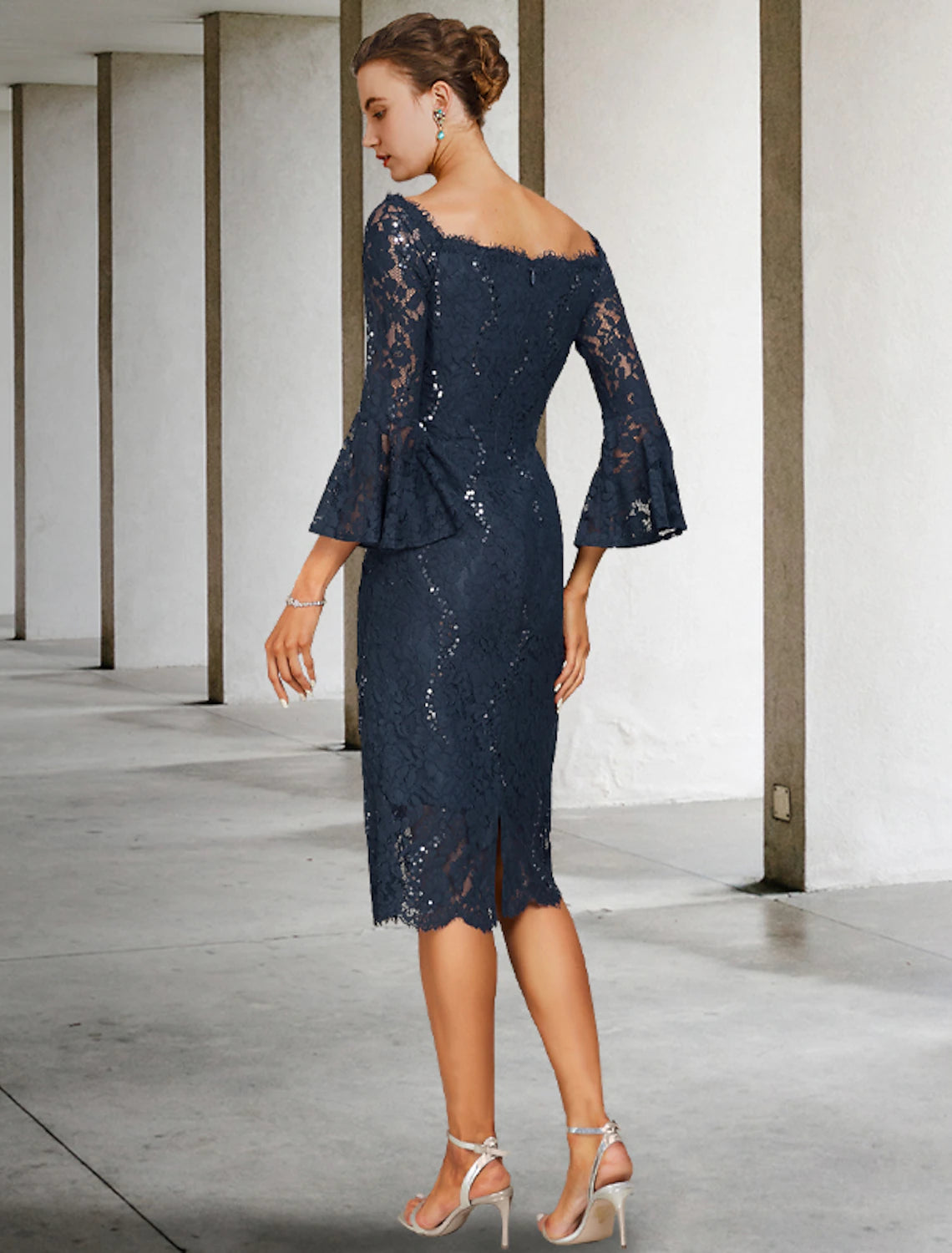 Sheath / Column Mother of the Bride Dress Vintage Jewel Neck Tea Length Lace with Sequin