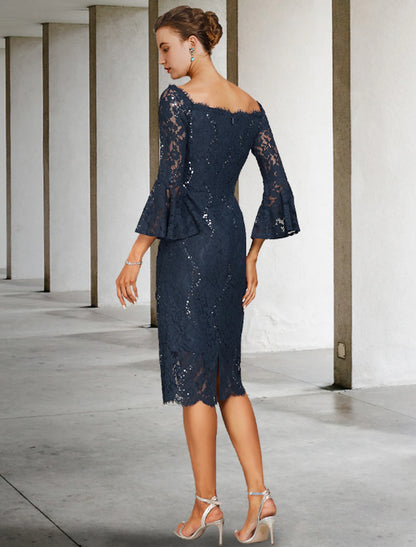 Sheath / Column Mother of the Bride Dress Vintage Jewel Neck Tea Length Lace with Sequin