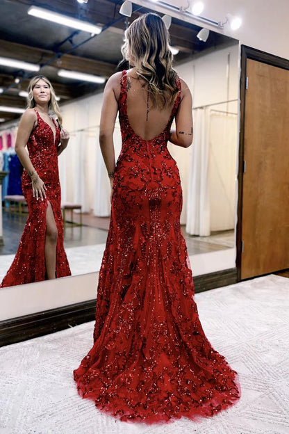Red V Neck Sequins Lace Long Mermaid Prom Dress