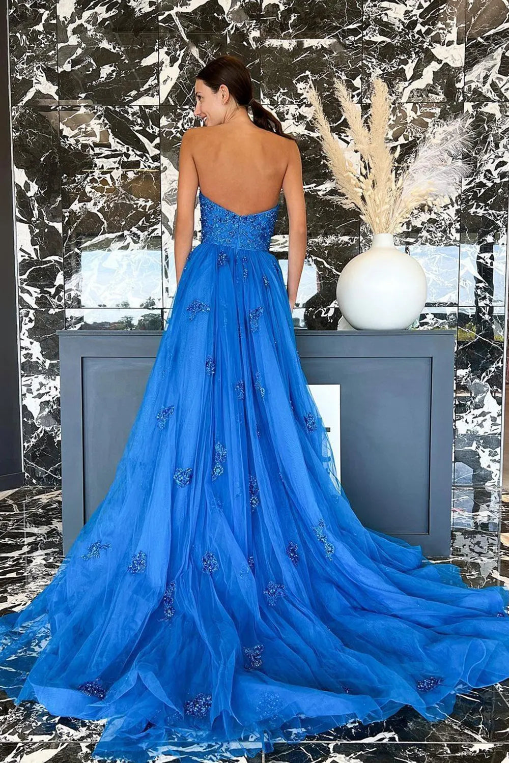 A Line Sweetheart Blue Long Prom Dress Split Front Appliques With Sweep Train