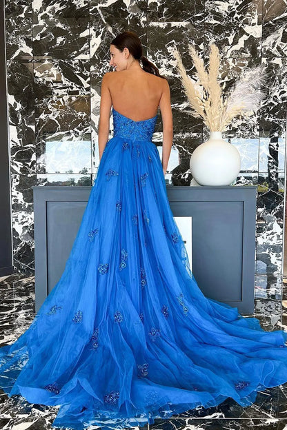 A Line Sweetheart Blue Long Prom Dress Split Front Appliques With Sweep Train