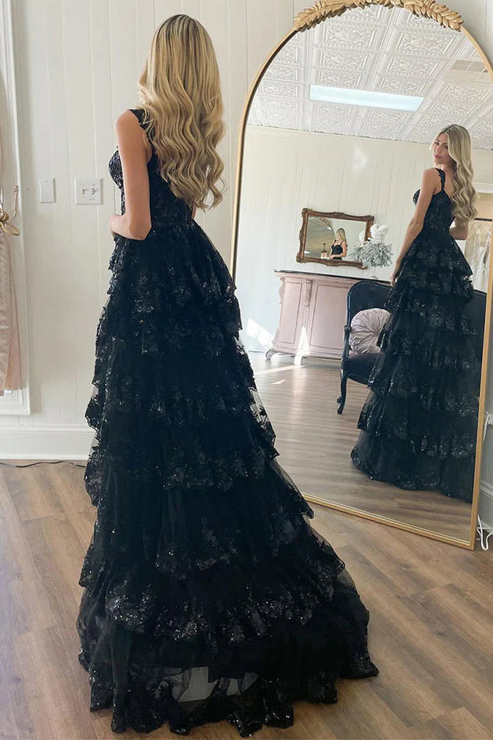 A-Line Princess Slit Layered Ruffle Long Corset Prom Dress with Sequin