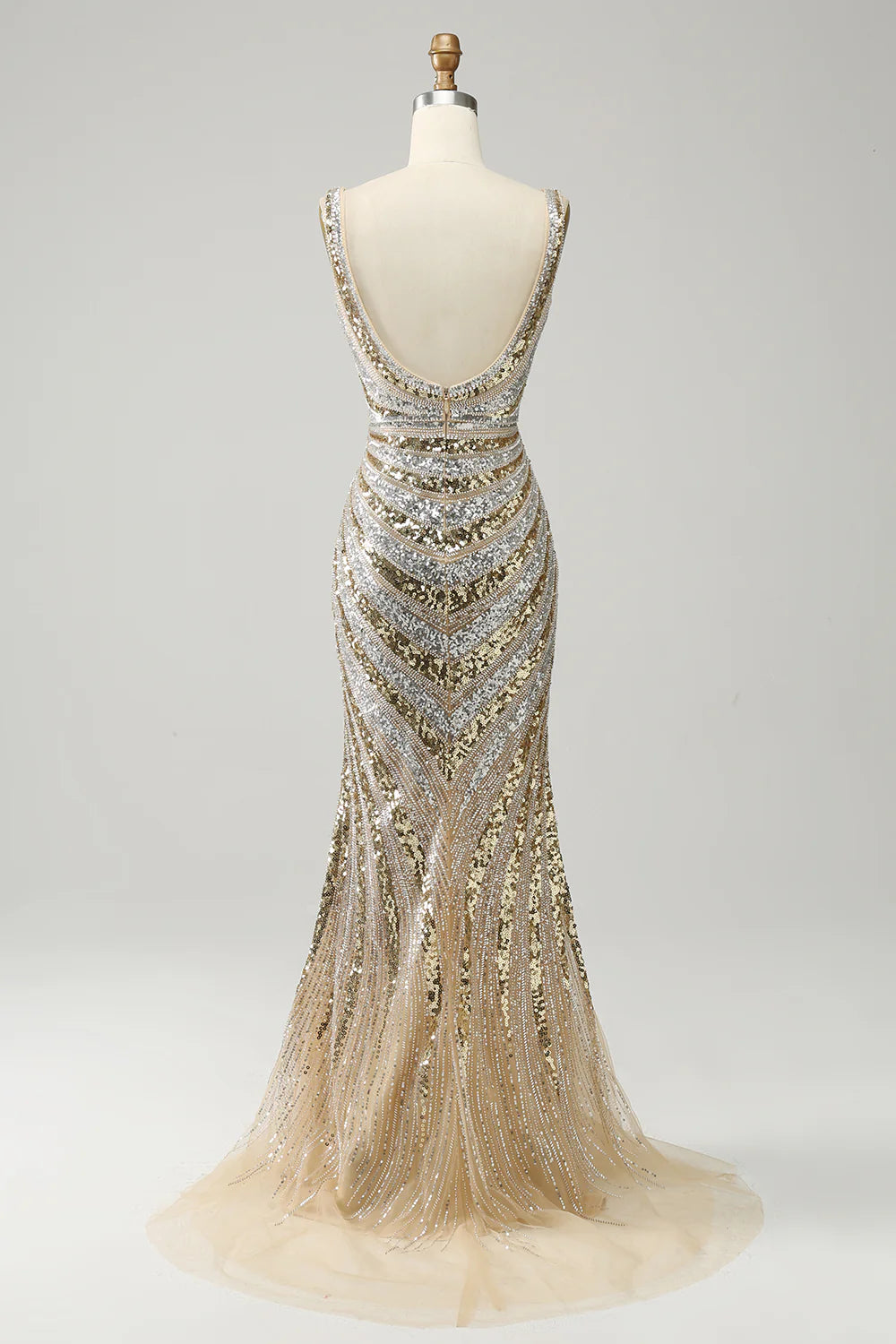 Mermaid Deep V Neck Golden Long Backless Prom Dress with Silt