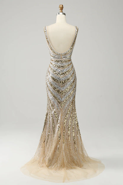 Mermaid Deep V Neck Golden Long Backless Prom Dress with Silt