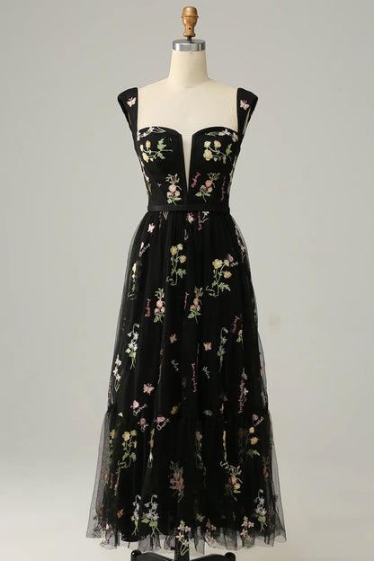 A Line Sweetheart Floor-length Tea length Prom Dress with Embroidery