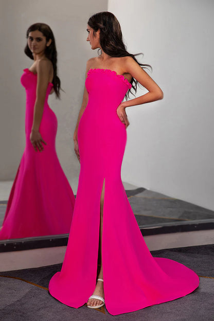 Fuchsia Fitted Strapless Ruffle Prom Dress With Slit Sweep/Brush Train Dresses