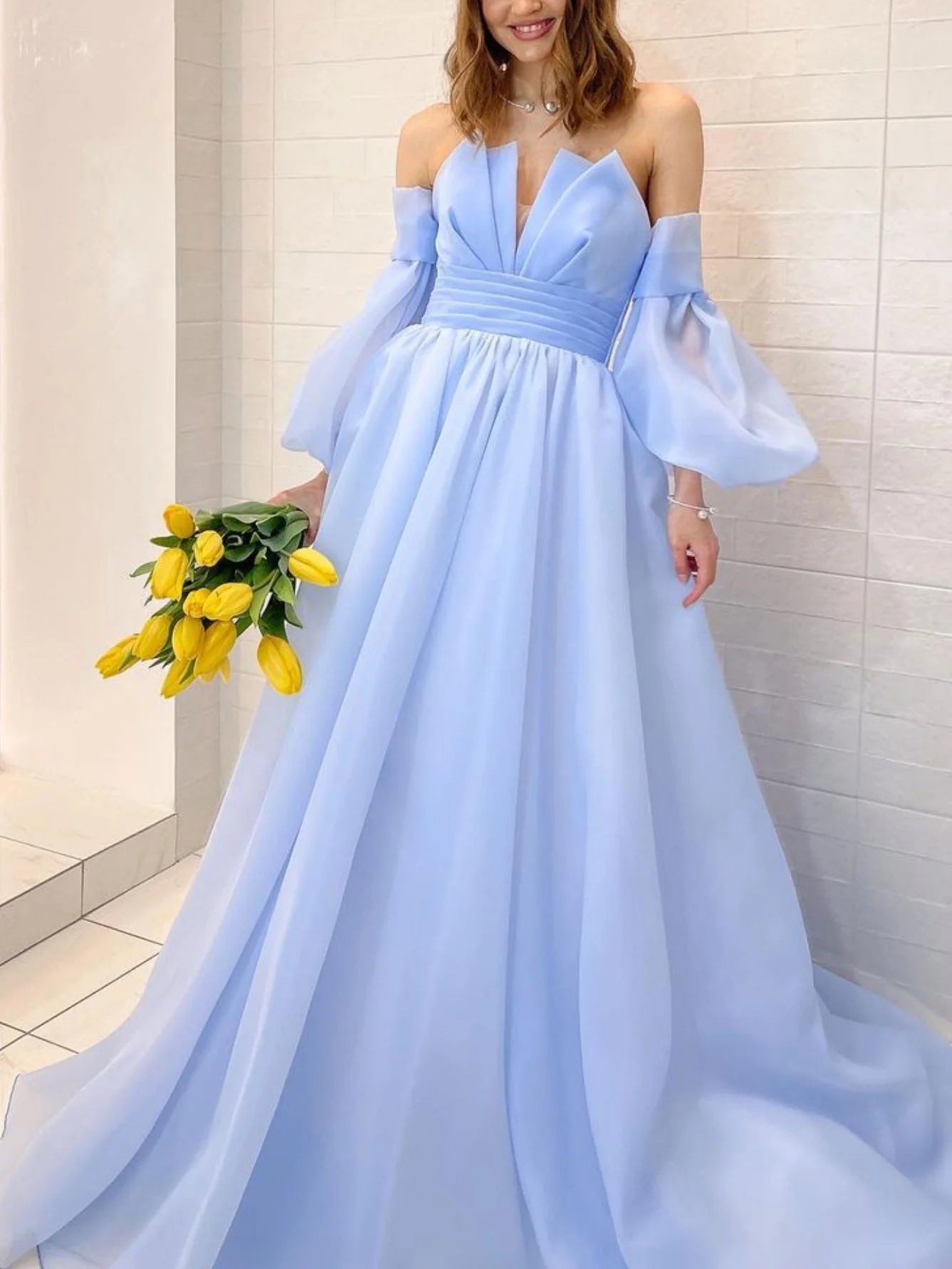 Organza Blue Long Prom Dress Puff Sleeves Blue Long Formal Party Dress