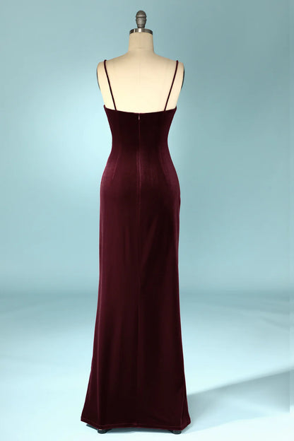 Burgundy Velvet Spaghetti Strap Floor-length Evening Prom Dress