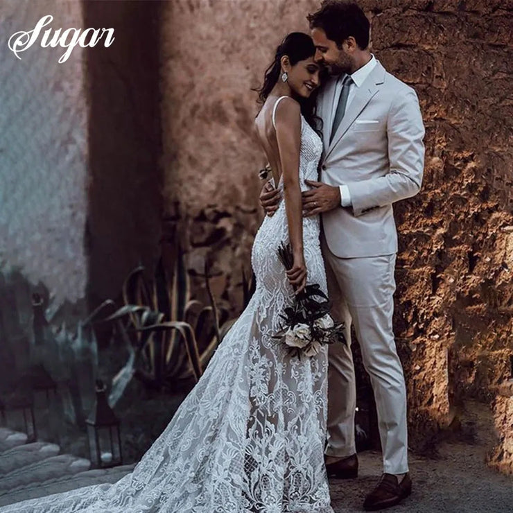 Gorgeous Mermaid Deep V Neck Lace Wedding Dresses with Appliques