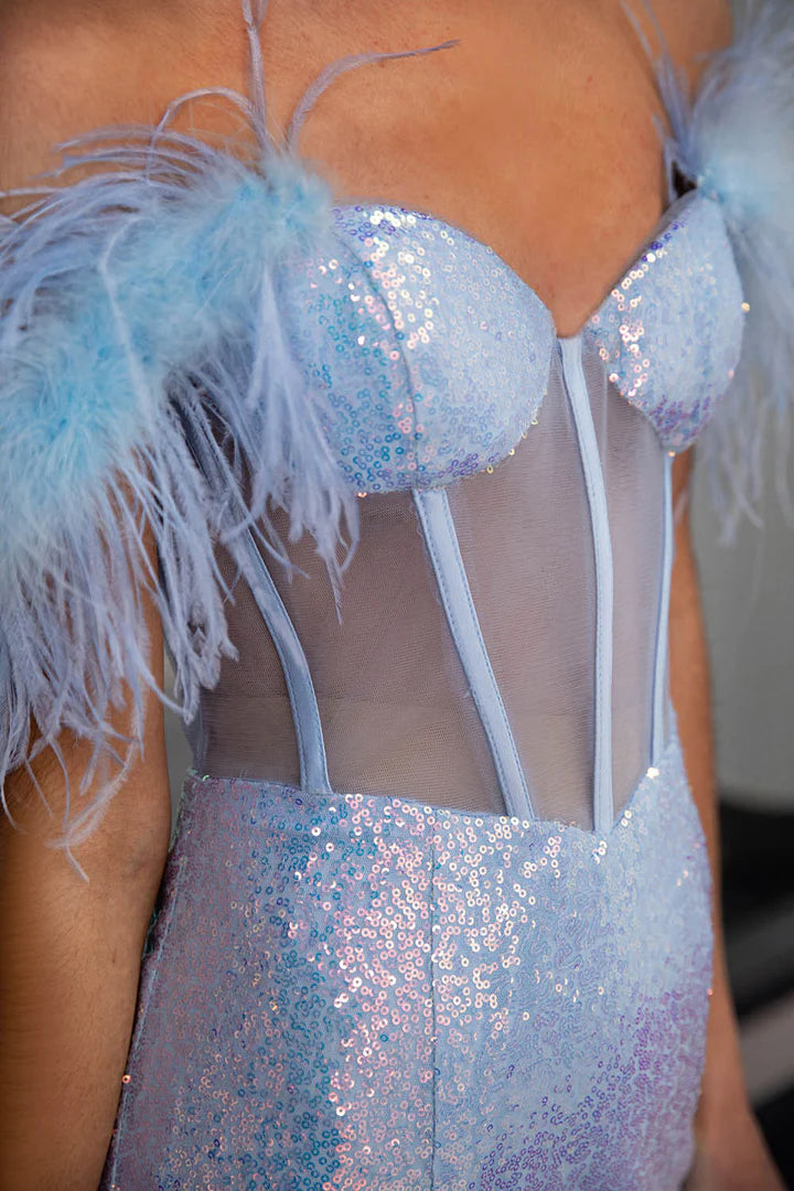 One-shoulder Light Blue Sequin Corset Prom Dress with Feathers Sweep/Brush Train Dresses