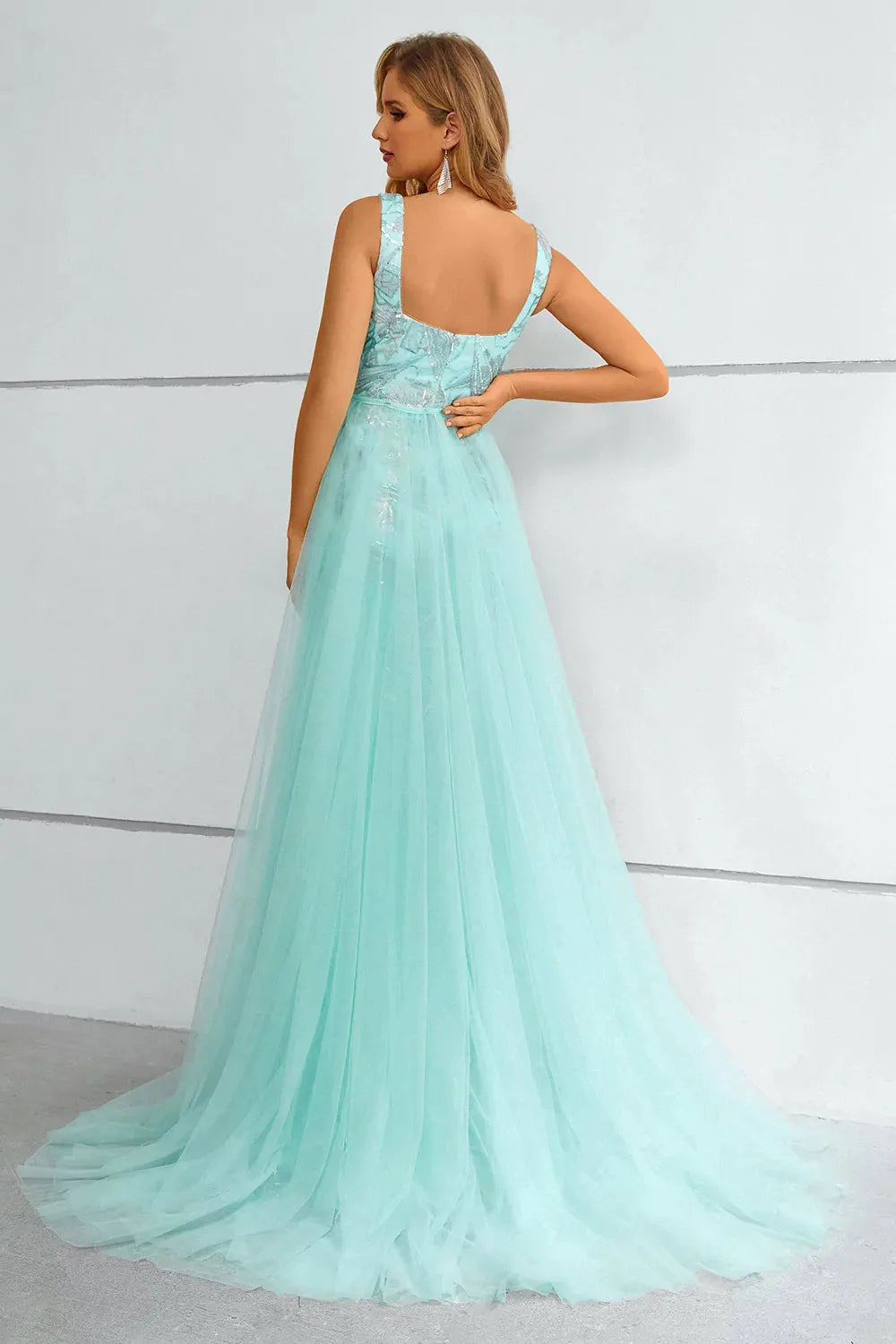 A-Line Princess Green Square Neck Mermaid Sequined Prom Dress With Detachable Train