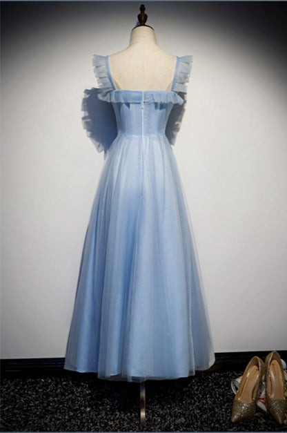 Blue Cute A-Line Tulle Tea Length Bridesmaid Dress Wedding Guest Party Dress