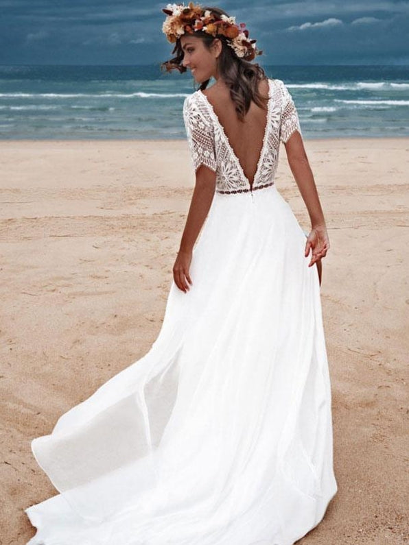 Ivory Boho Lace A-Line With Train Backless Short Sleeves V-Neck Wedding Dress