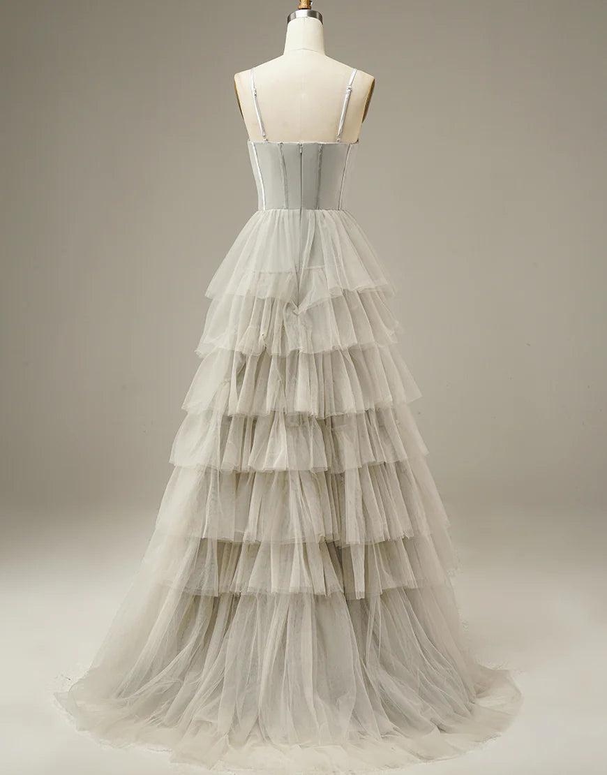 Light Grey Tiered Tulle Princess Ballgown Prom Dress