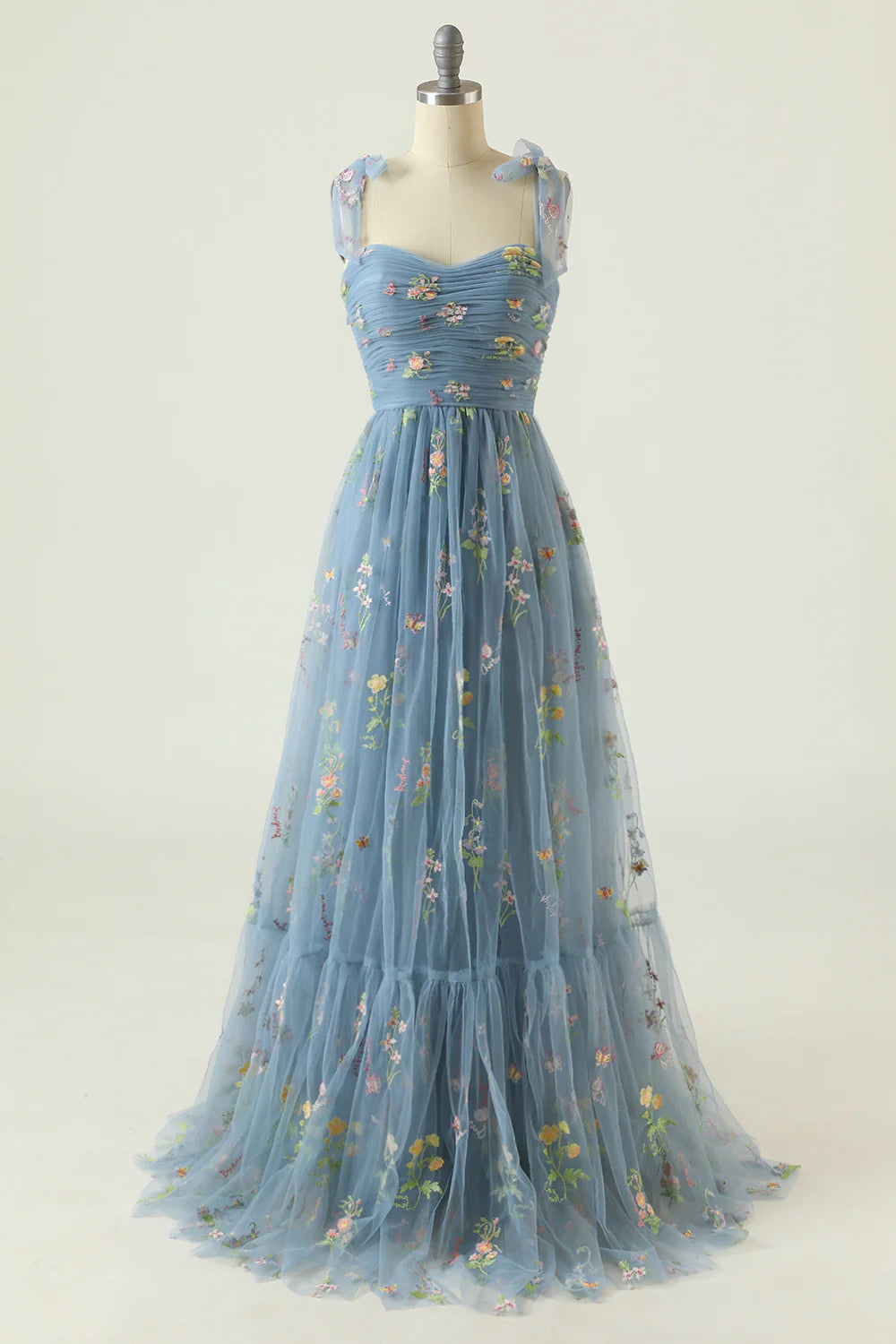A Line Spaghetti Strap Tulle Prom Dress With Embroidery