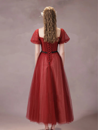 A-Line Burgundy Tulle Tea Length Prom Dress