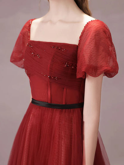 A-Line Burgundy Tulle Tea Length Prom Dress