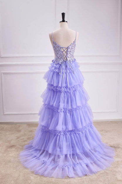 A-Line Tulle Lavender V-Neck Appliques Layered Prom Dress