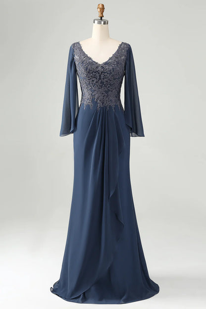 Glitter Mermaid V Neck Beaded Mother of Bride Dress with Appliques