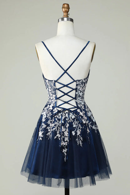 Spaghetti Straps Lace Homecoming Dress With Criss Cross Back