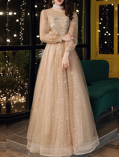 A-Line Prom Dresses Wedding Guest Floor Length Long Sleeve Jewel Neck Tulle with Sequin Appliques