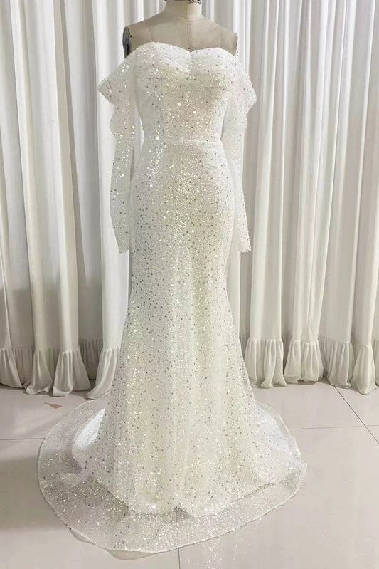 Sparkly Mermaid Sequined Prom Dress Long Sleeves Wedding Dress