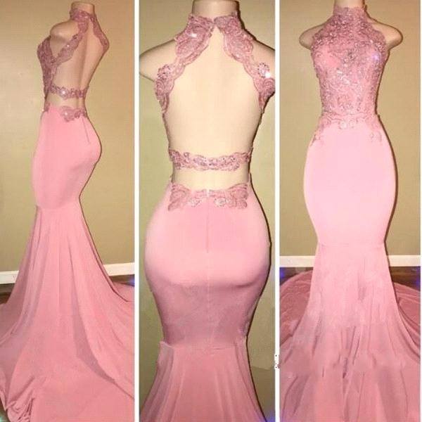 High-Neck Mermaid Long Pink Prom Dresses