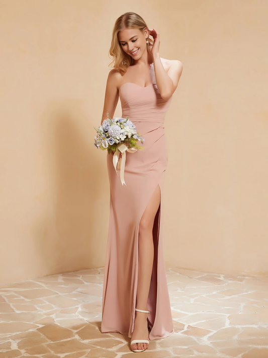 Sweetheart Sheath Chiffon Bridesmaid Dress Wedding Guest Party Dress With Slit
