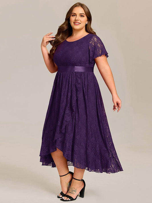 Plus Size Lace Flutter Sleeves Round Neckline Midi Formal Dress Plus Size Lace Flutter Sleeves Round Neckline Midi Formal Dress