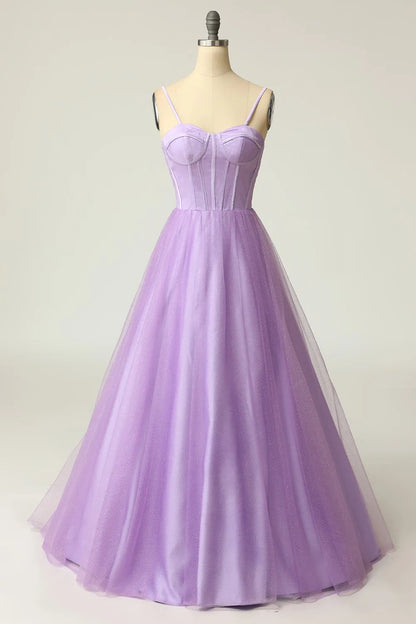 A-Line Princess Spaghetti Straps Light Purple Long Prom Dress