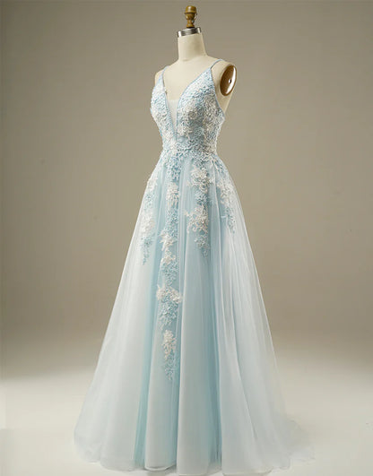 A-line V-Neck Light Blue Tulle Prom Dress