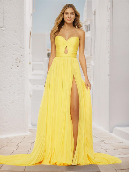 A-Line Sweetheart Neck Court Train Sleeveless Prom Dress Pleated Social Party Dresses