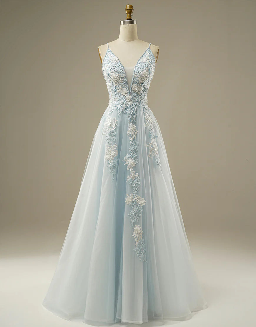 A-line V-Neck Light Blue Tulle Prom Dress
