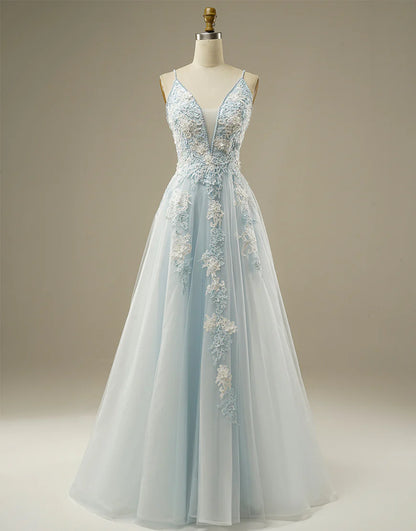 A-line V-Neck Light Blue Tulle Prom Dress