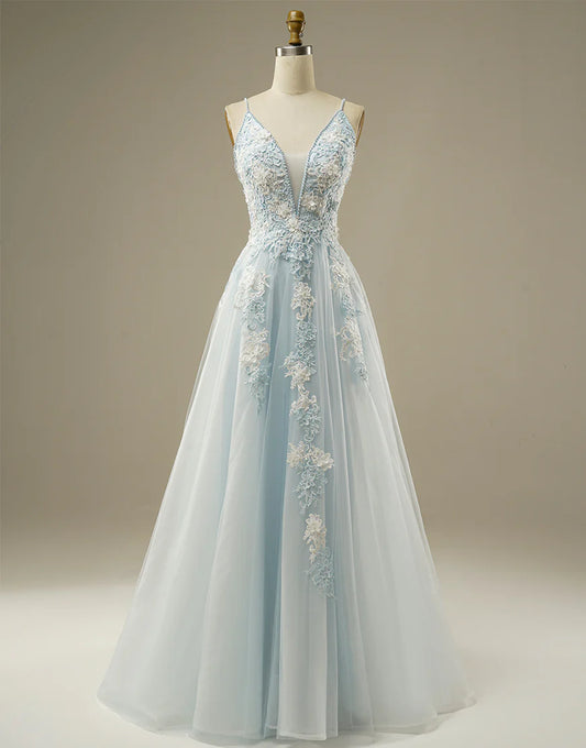 A-line V-Neck Light Blue Tulle Prom Dress