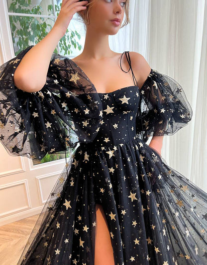 A-Line Side Slit Black Tulle Long Prom Dress with Stars