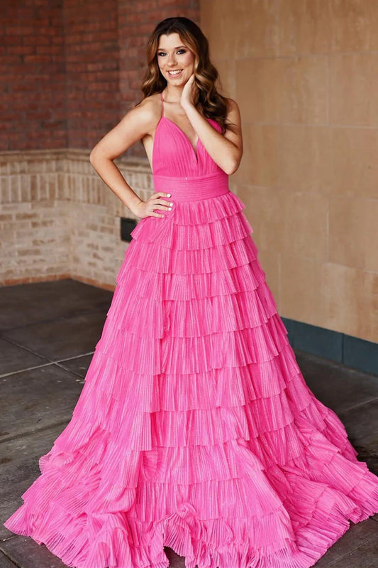 Pleated V-Neck Straps Ruffle Floor-length Layered Formal Prom Dress