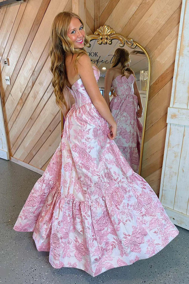 Strapless Floral Corset A-Line Long Prom Dress with Ruffle Hem